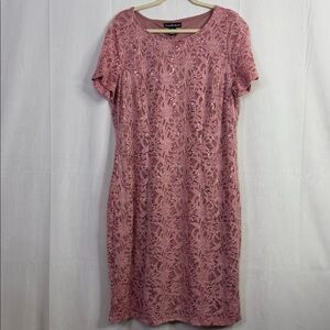 Lace Floral Mauve Sparkling Detail Candalite Short Sleeve Evening Dress
